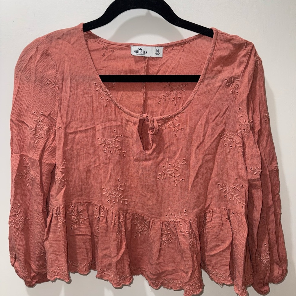 Hollister Women's Coral Embroidered Blouse